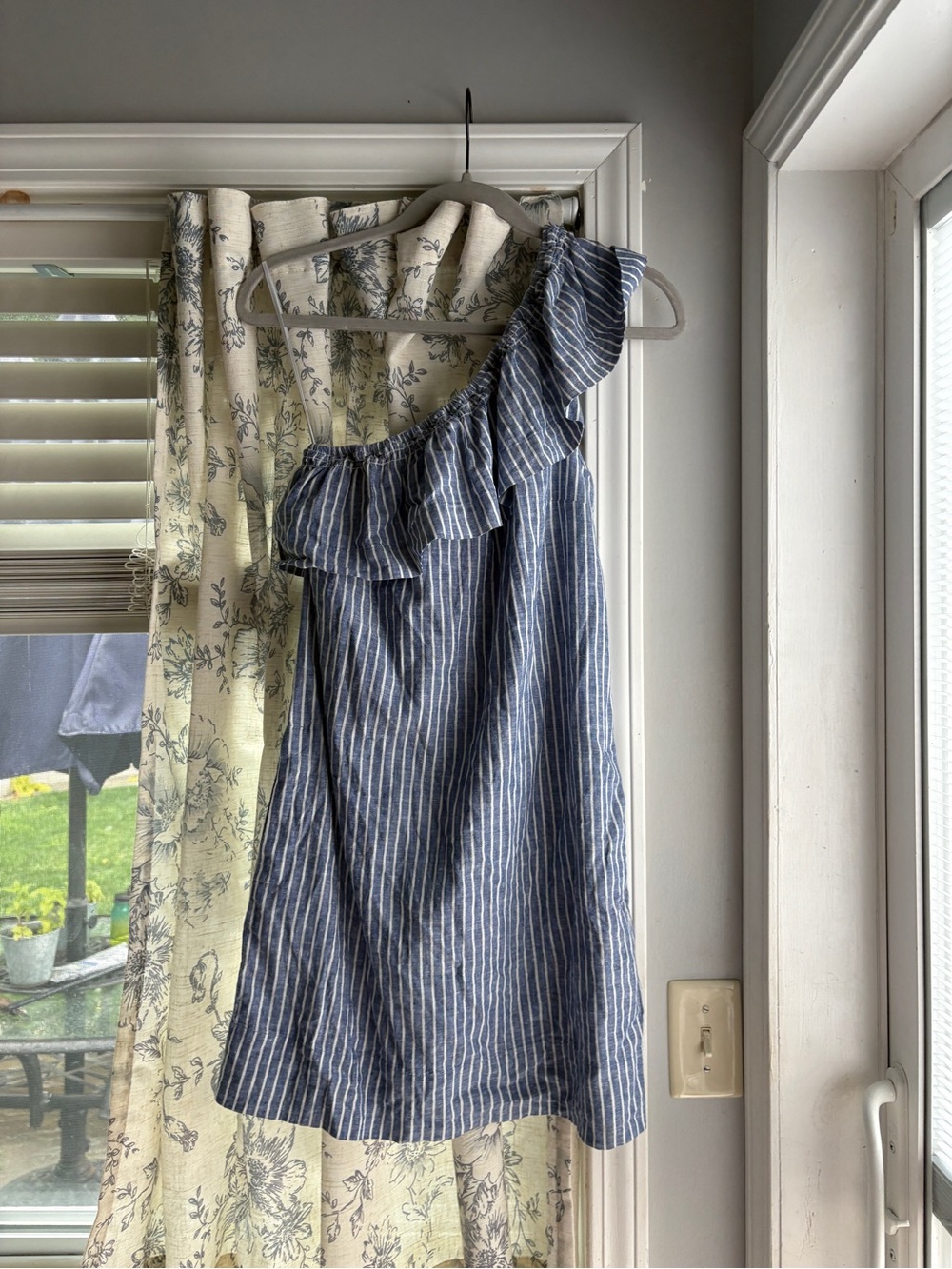 Madewell Striped One Shoulder Ruffle Sleeve Linen Cotton Sundress
